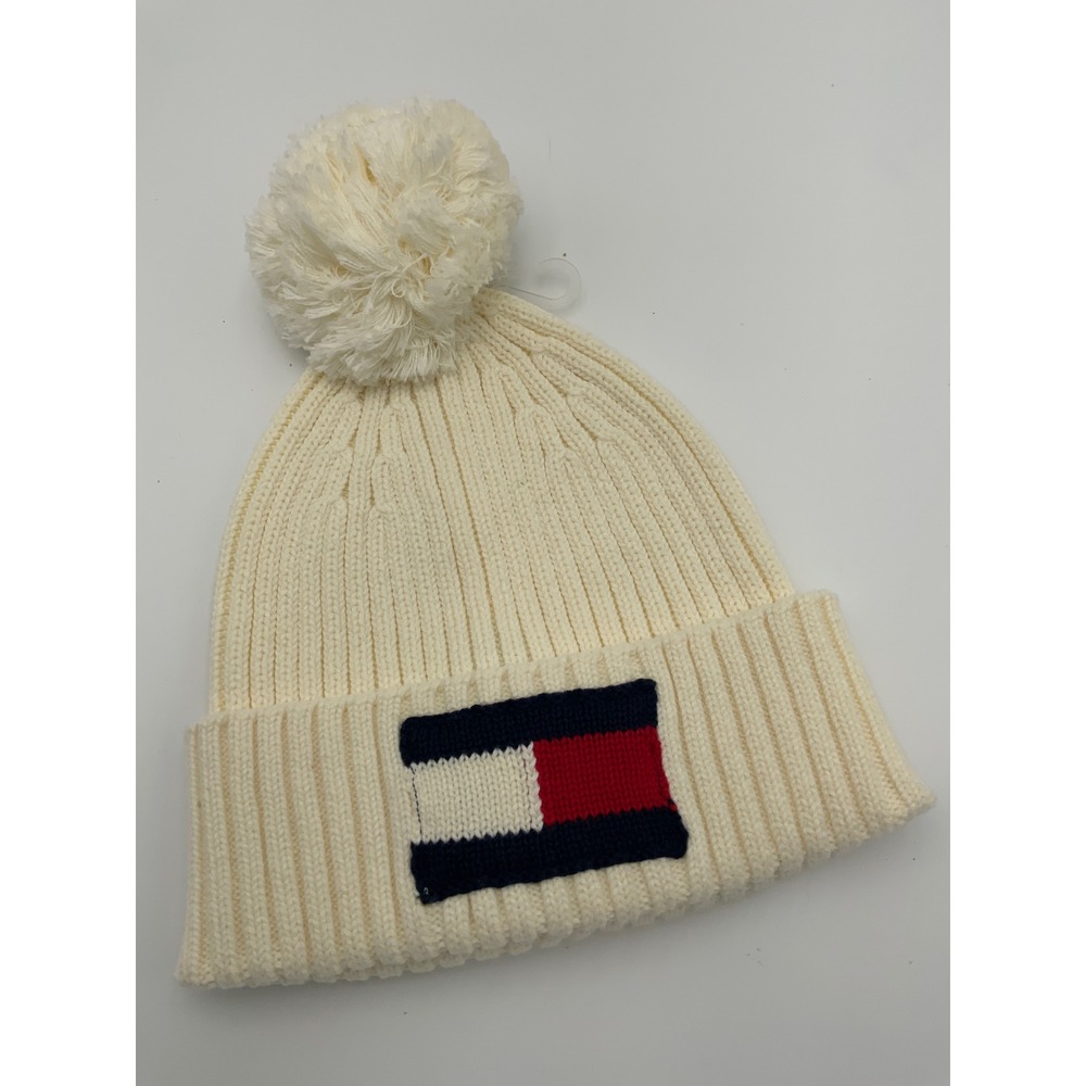 Old School Tommy Hilfiger Cream Ribbed Knit Pom Pom Beanie Flag Logo Hat